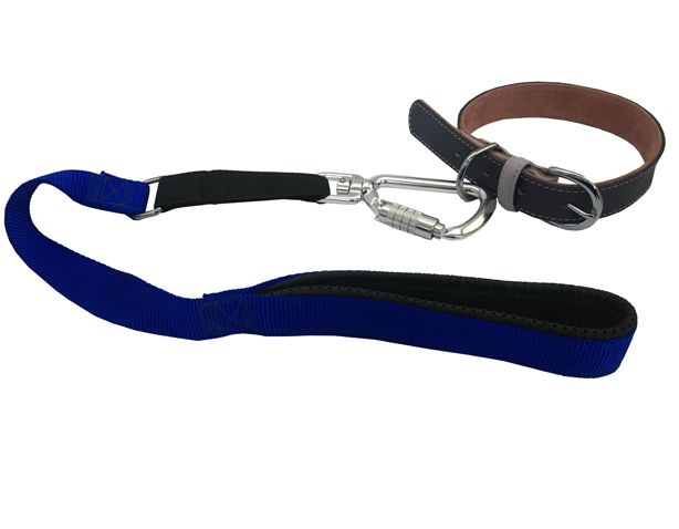 Correa acolchada para perro A204-Dog con mosquetón de aluminio enganchado a un collar, foto del producto