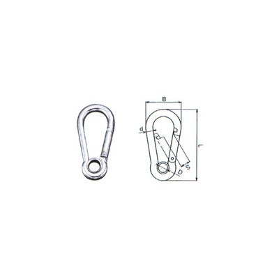 SS2450 316 stainless steel carabine hook with eyelet, product photo with dimension drawing