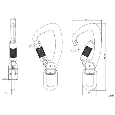 Wirbel-Karabinerhaken A304DKTL-3 aus Aluminium mit Triple-Lock-Schnapper, Indikator-Ausführung, dritte Ansicht