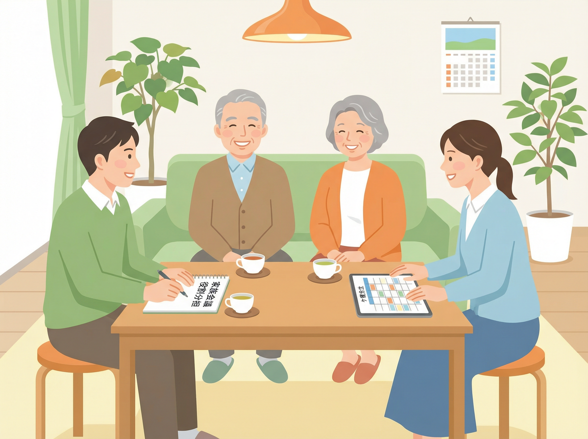 介護の家族内役割分担で起こる課題と解決策を考える場面、介護 家族 役割分担の問題解決を示す