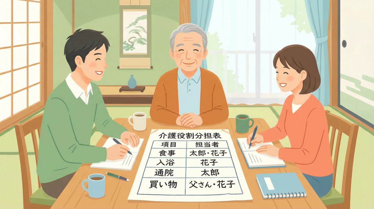 介護における家族の役割分担の具体的な方法と実例を示す表、介護 家族 役割分担の理解を促進