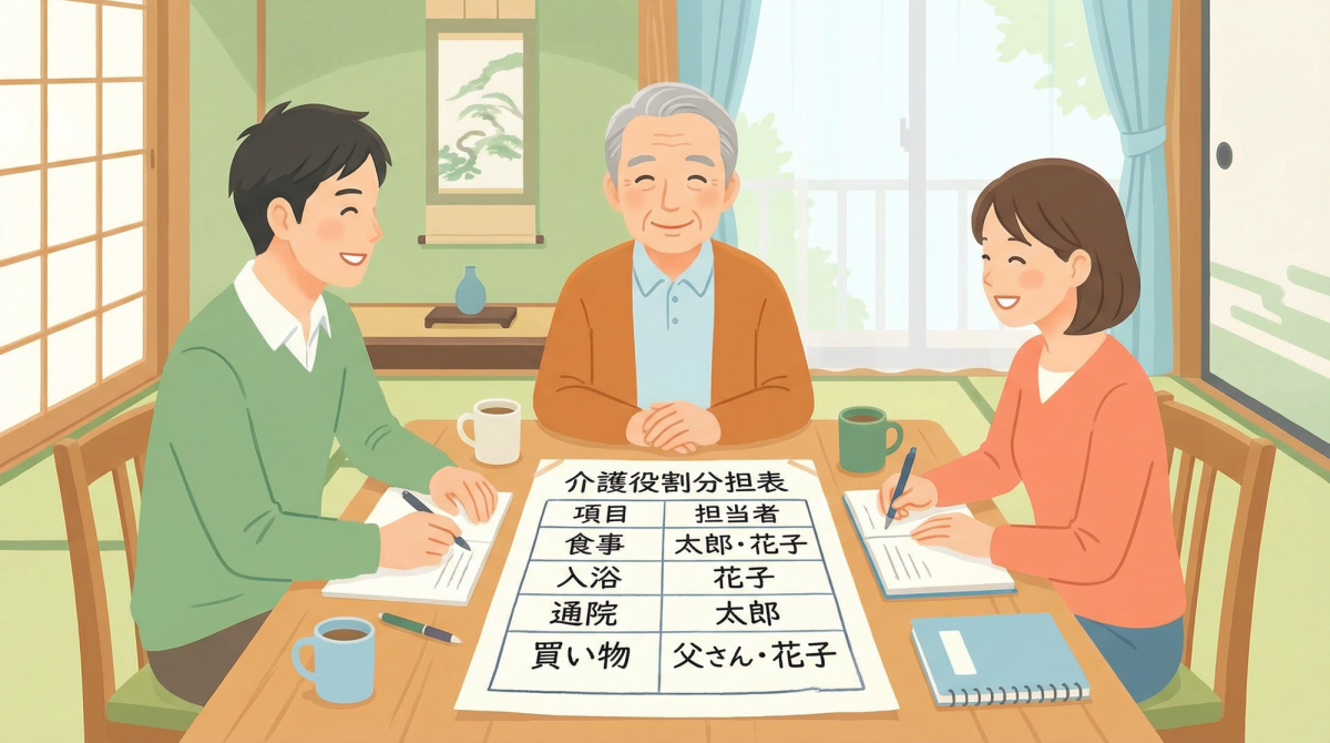 介護における家族の役割分担の具体的な方法と実例を示す表、介護 家族 役割分担の理解を促進