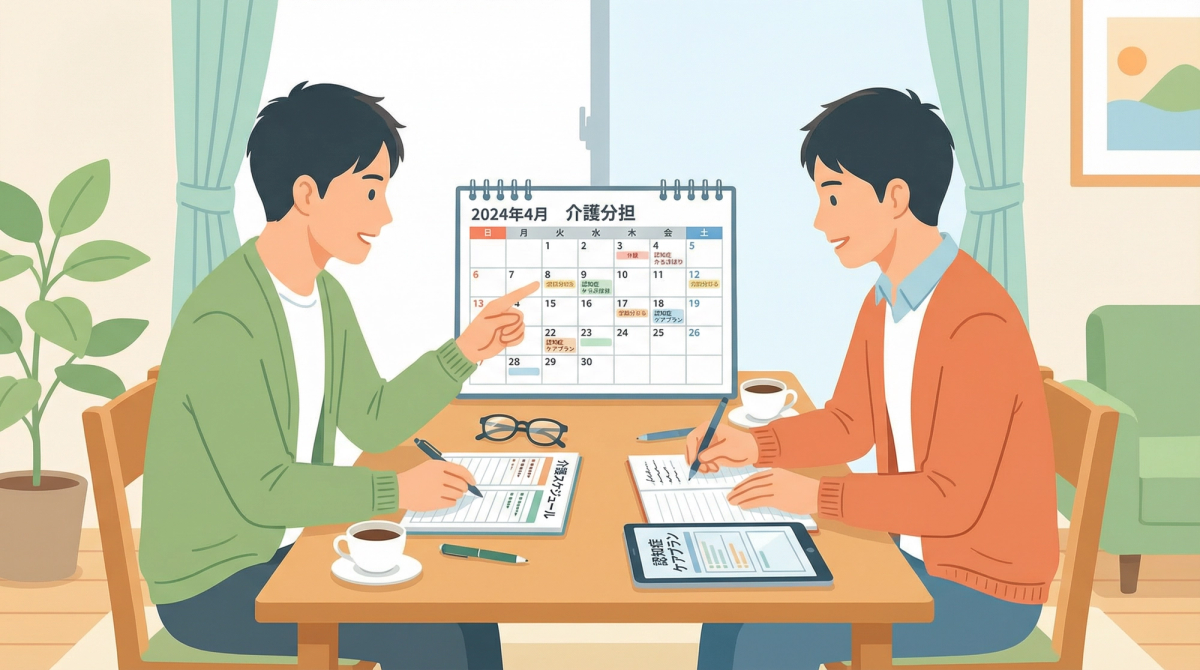 介護 兄弟 分担の具体的な方法を示したスケジュール表と家族の話し合い