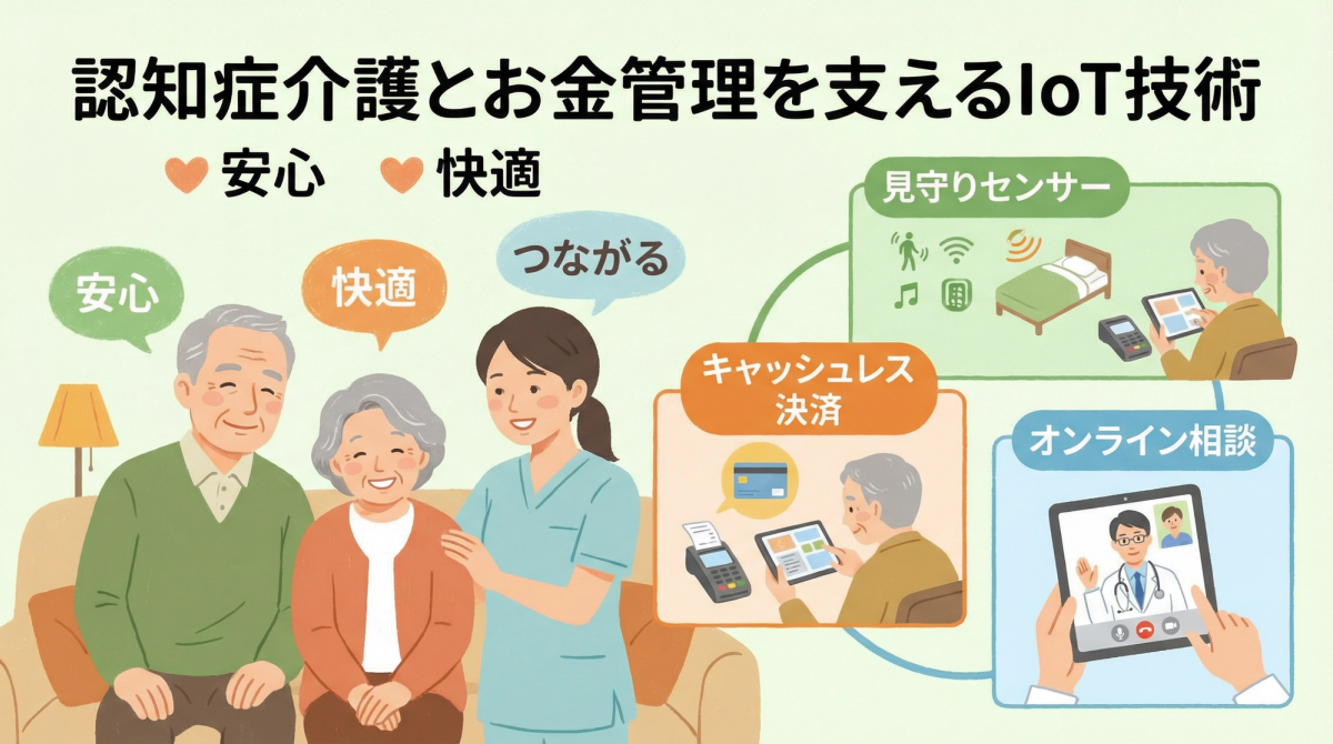 認知症介護とお金管理を支える最新IoT技術の活用法を表すイラスト