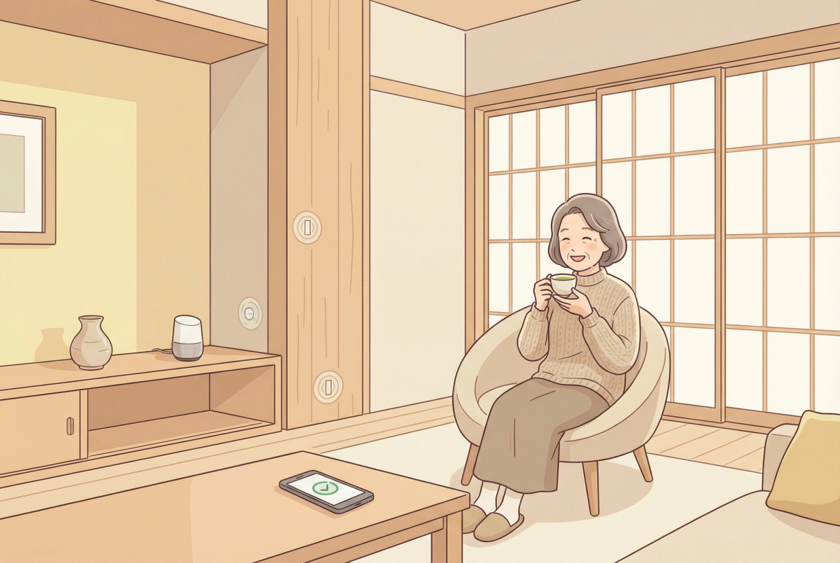 遠距離介護における見守りIoTの活用とメリットを表すイラスト