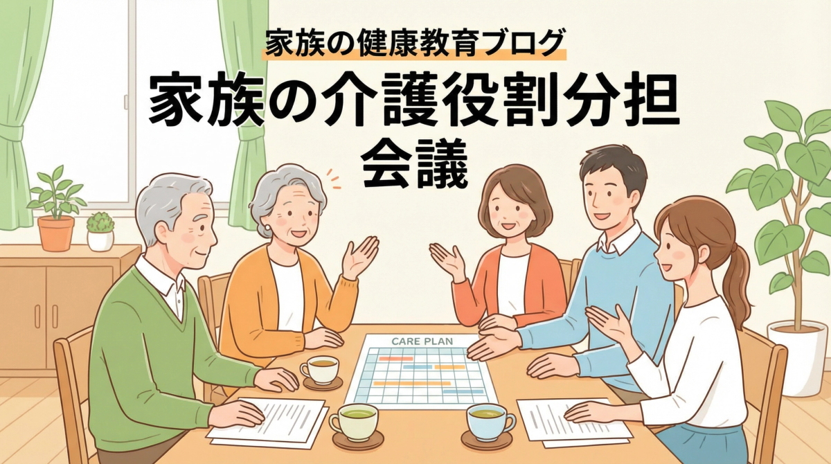 介護における家族の役割分担の基本と重要性を話し合う様子、介護 家族 役割分担を示す