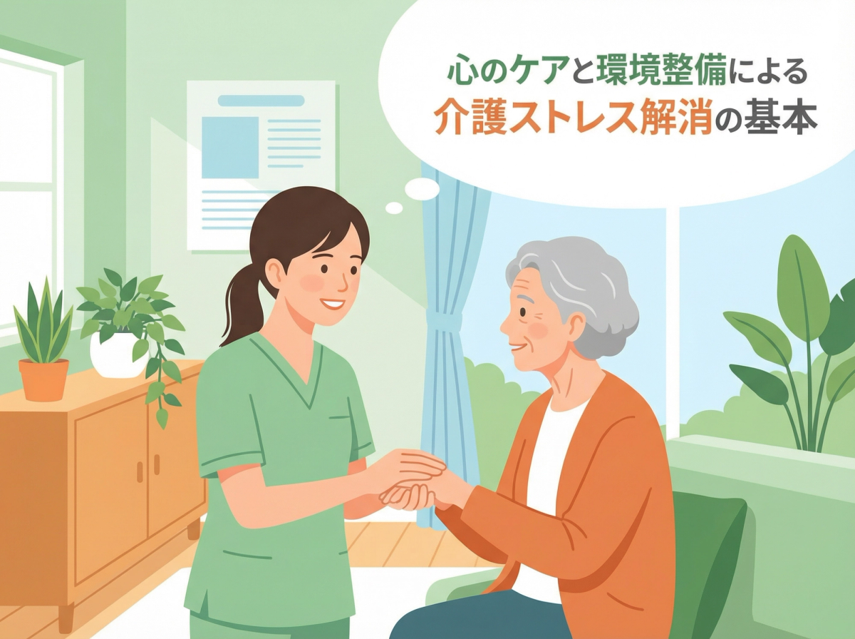 介護 ストレス 解消 方法としての心のケアと環境整備を表現した画像