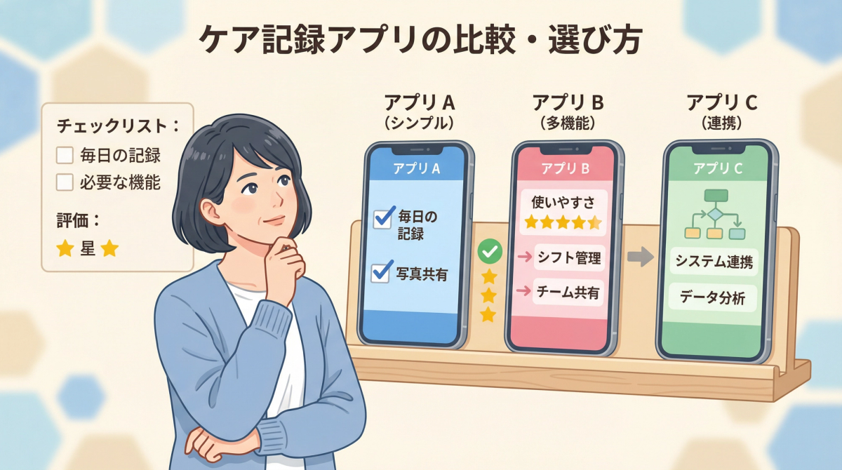 介護 記録 アプリの選び方と比較ポイントを表すイラスト