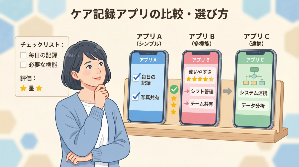 介護 記録 アプリの選び方と比較ポイントを表すイラスト