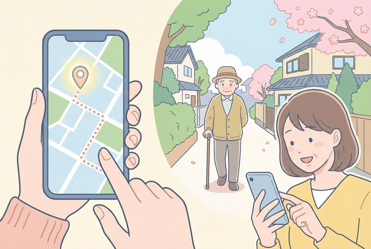 認知症 見���り デバ���スの活用事例と効果を表すイラスト