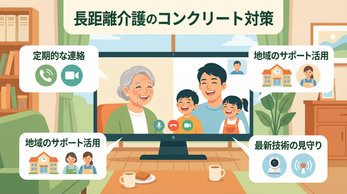 遠距離介護の不安解消に役立つ具体的な対策と方法を示す画像