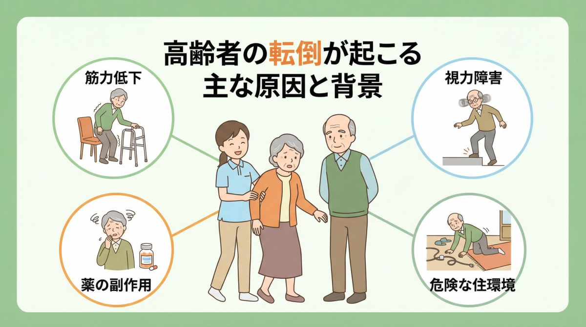 高齢者の転倒原因と背景を示すイメージ画像で高齢者 転倒 予防に役立つ内容
