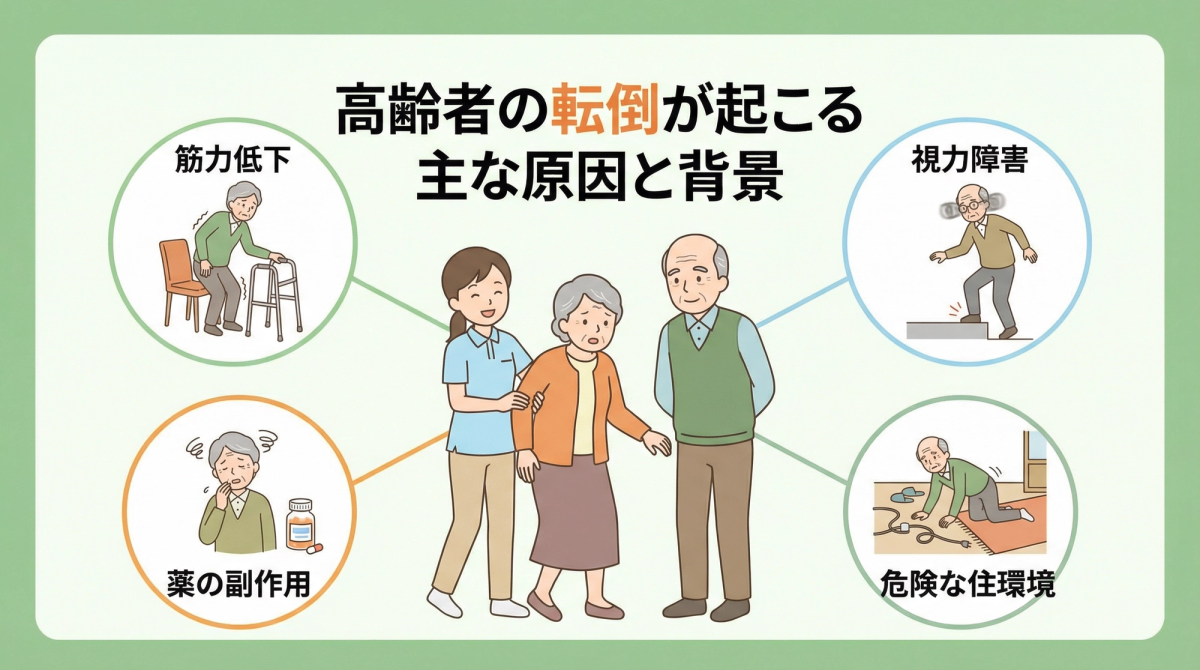 高齢者の転倒原因と背景を示すイメージ画像で高齢者 転倒 予防に役立つ内容