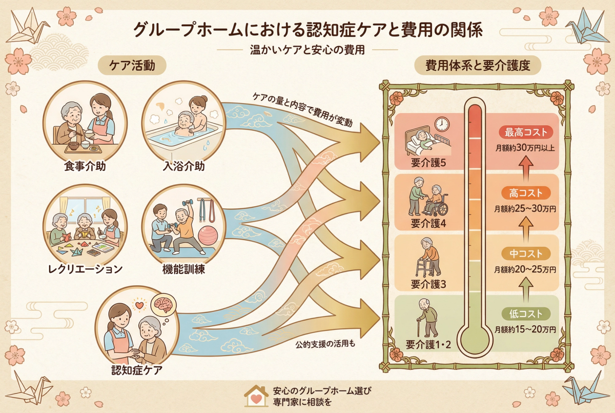 グループホームでの認知症ケア内容と費用の関係を表すイラスト