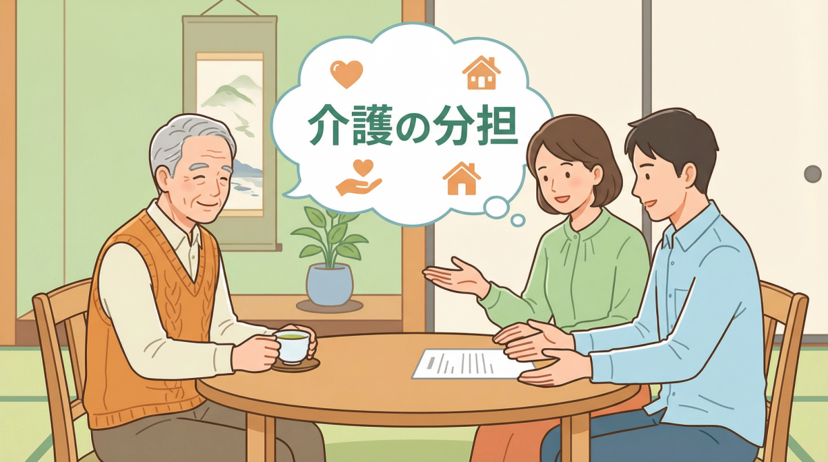 介護 兄弟 分担の重要性を話し合う高齢者と家族の相談風景