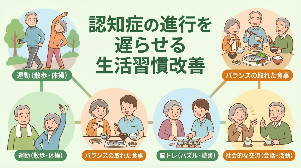 認知症の進行を遅らせるために健康的な生活習慣を実践する高齢者の様子