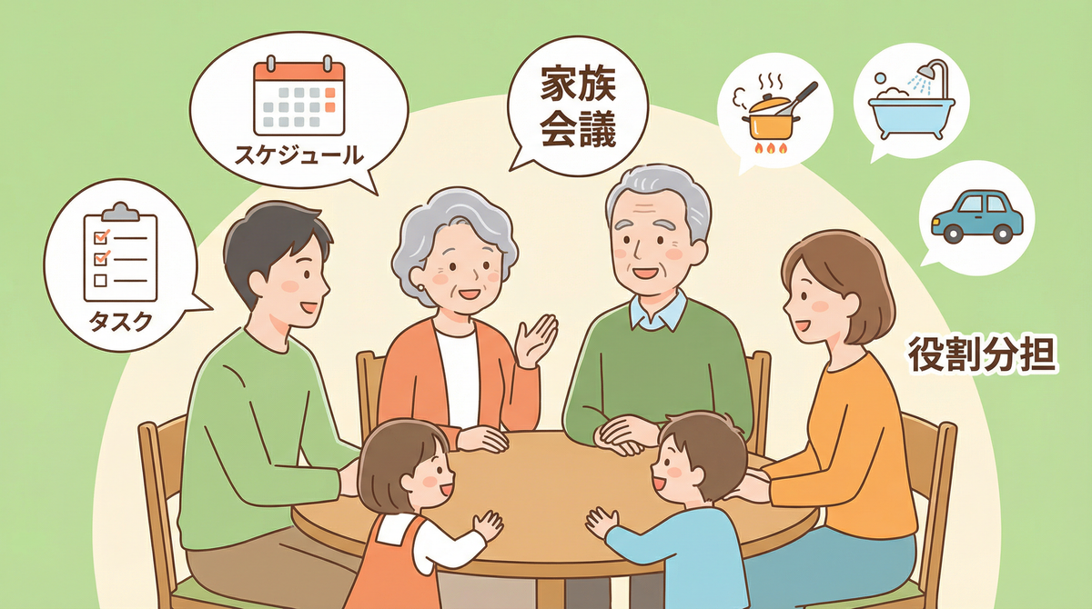 介護における家族の役割分担を円滑にするコミュニケーションの様子、介護 家族 役割分担の調整を促進