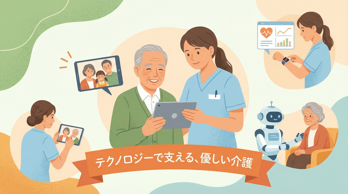 テクノロジーを活用した認知症介護の長続き支援を表すイラスト