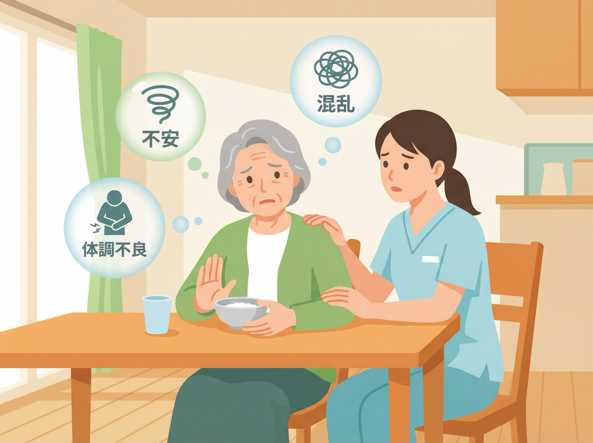 認知症 食事 拒否の原因を考える高齢者のイメージ写真