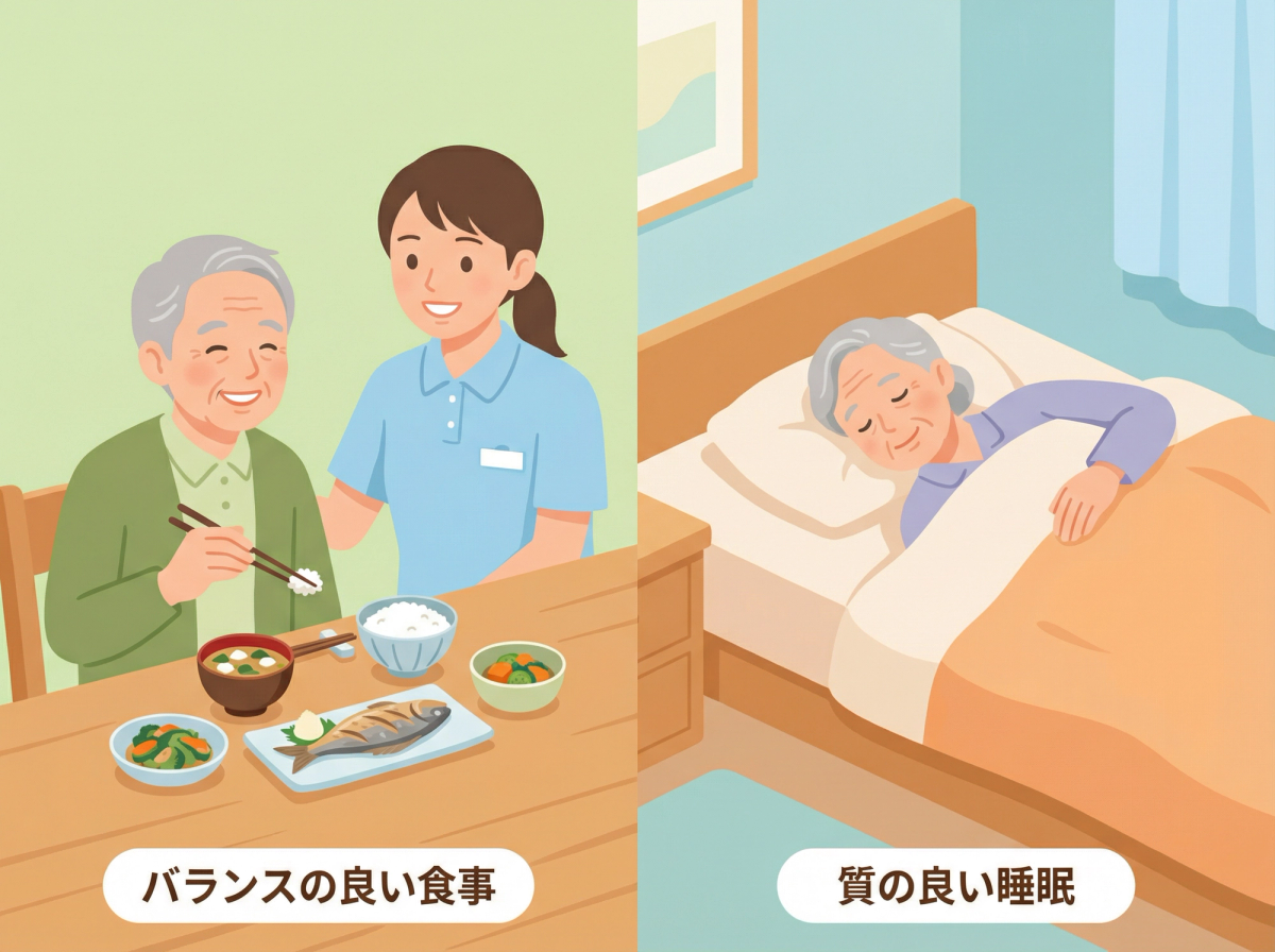 認知症 予防 運動以外の生活習慣としての食事や睡眠のイメージ