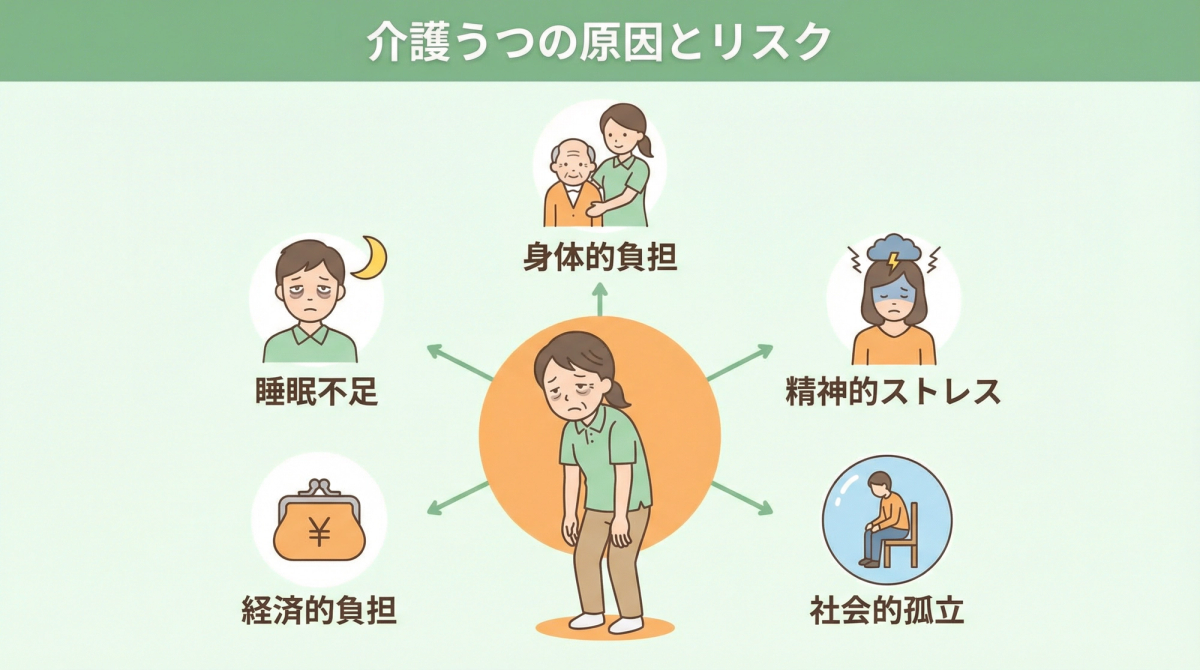 介護うつ チェックに役立つ原因とリスク要因の図解画像