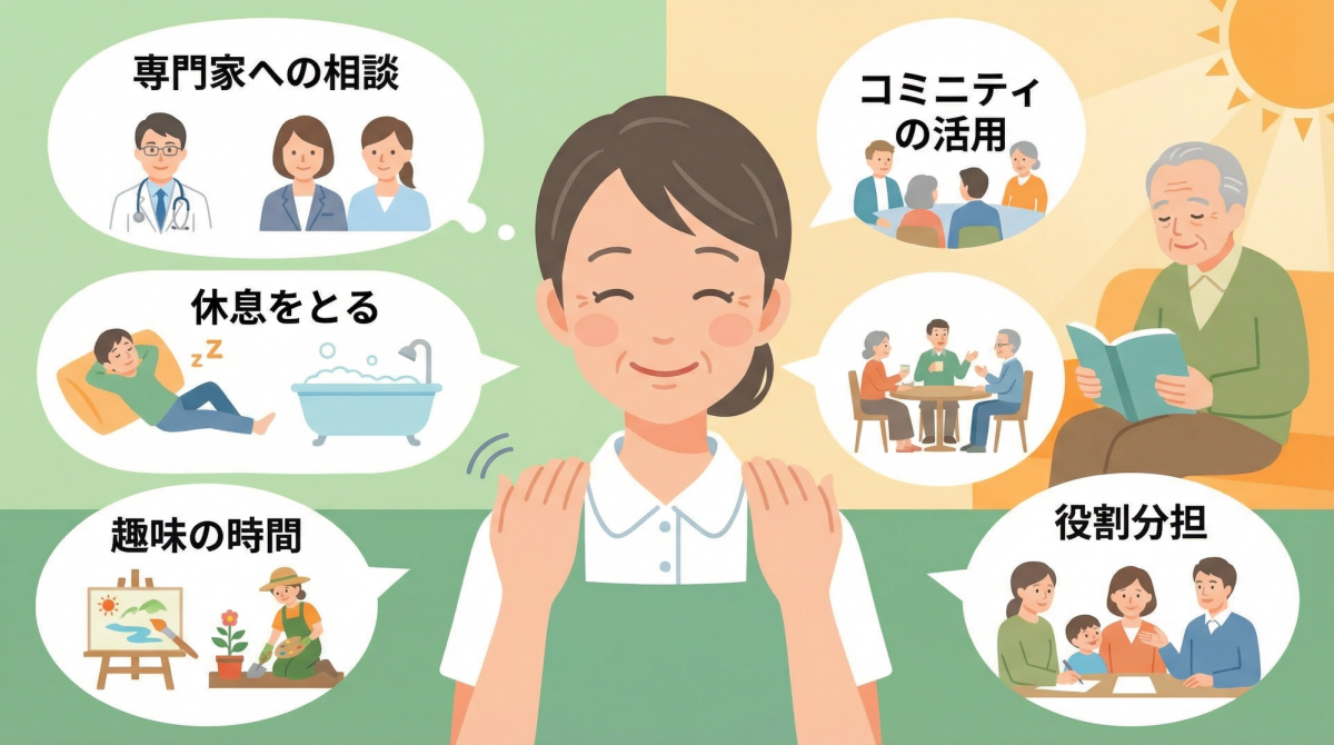 介護者の心理的負担軽減に効果的な具体的な対策と方法を示すイメージ