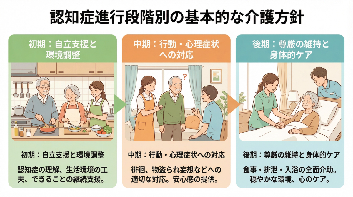 認知症の進行段階に合わせた介護方針を説明するイメージ、認知症 進行 段階 対応を反映