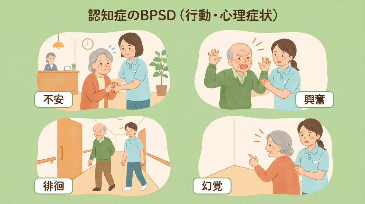 認知症 BPSD 対応のための症状特徴を示すイラスト