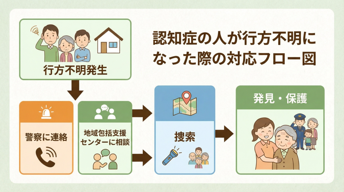 認知症の行方不明発生時の対応フロー図、認知症 行方不明 対策に関する画像