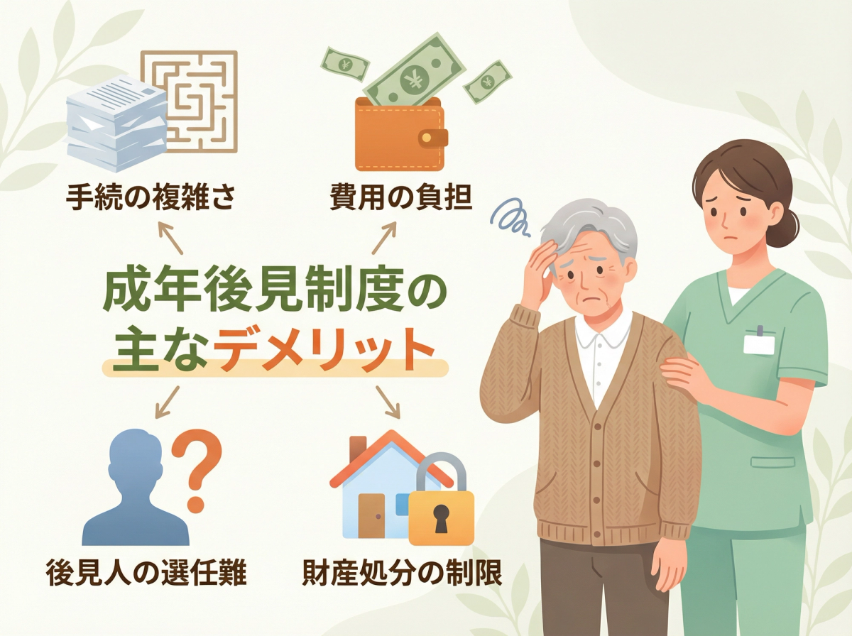 成年後見制度 デメリットを一覧で示したイメージ
