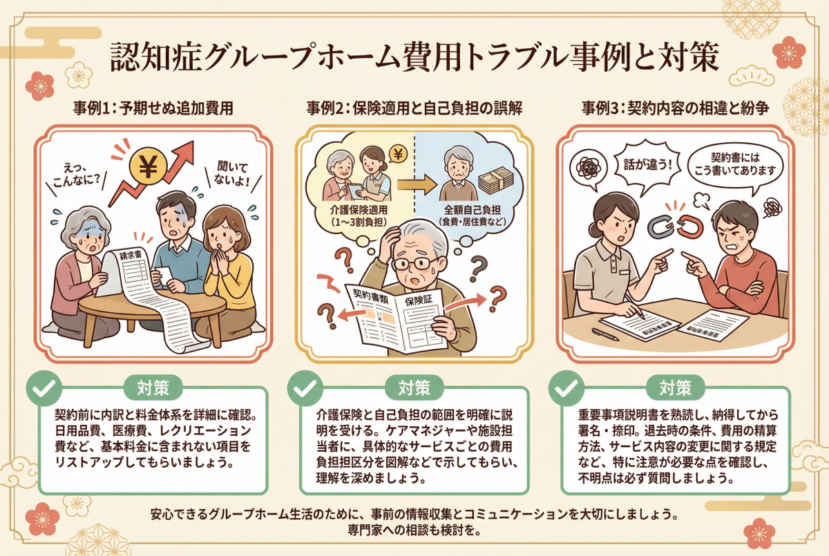 認知症グループホーム費用に関するトラブルと対策を示すイメージ グループホーム 認知症 費用