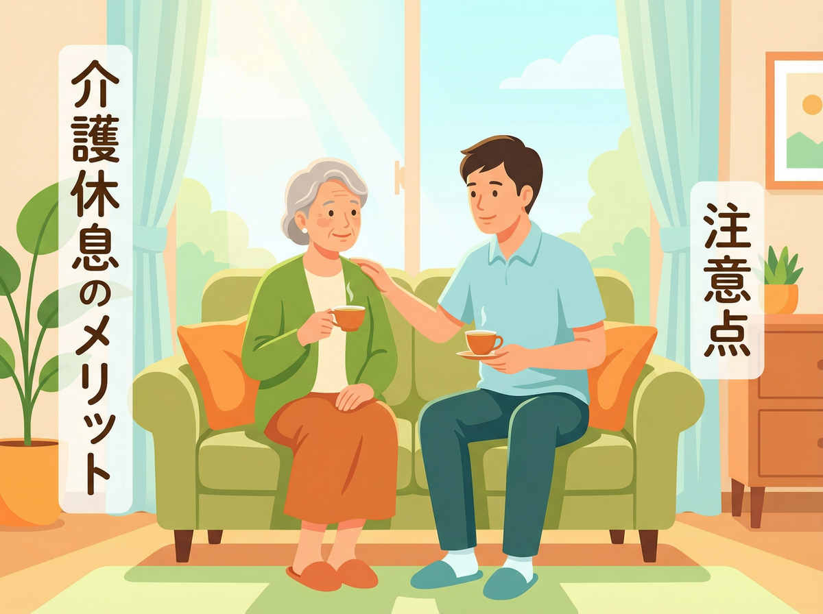 介護の休息とレスパイト利用のメリットと注意点を説明するイメージ