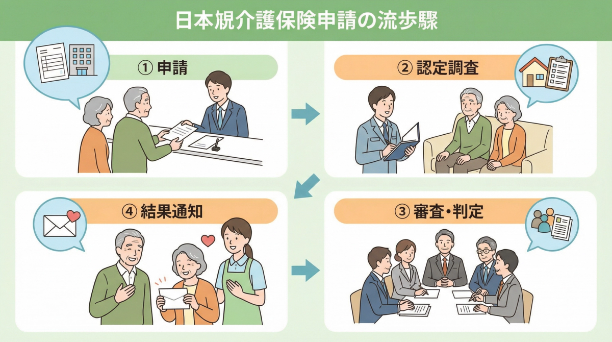 介護保険 申請方法の具体的な手順と流れを説明する図