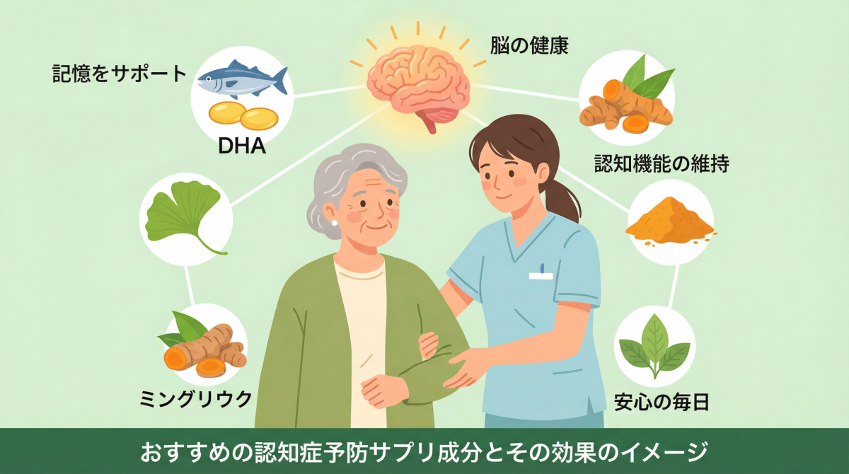 おすすめの認知症予防サプリ成分とその効果を表すイラスト