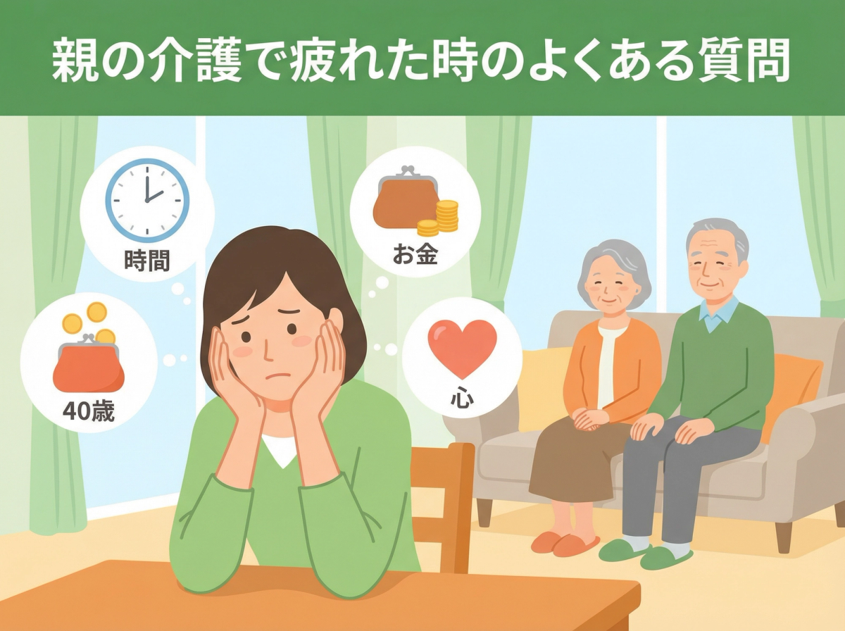 親の介護で疲れた時のよくある質問を��とめたイメージ、親の介護 疲れたに関するQ&Aのイメージ
