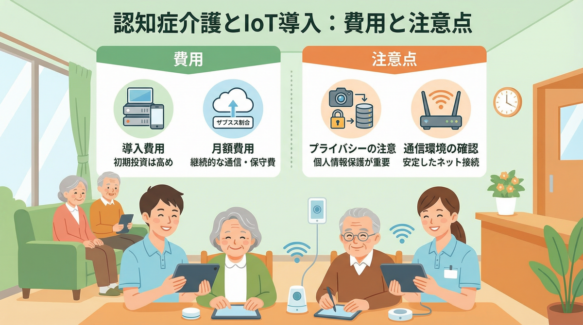 認知症介護 IoT デバイスの導入費用と注意点を説明するイメージ