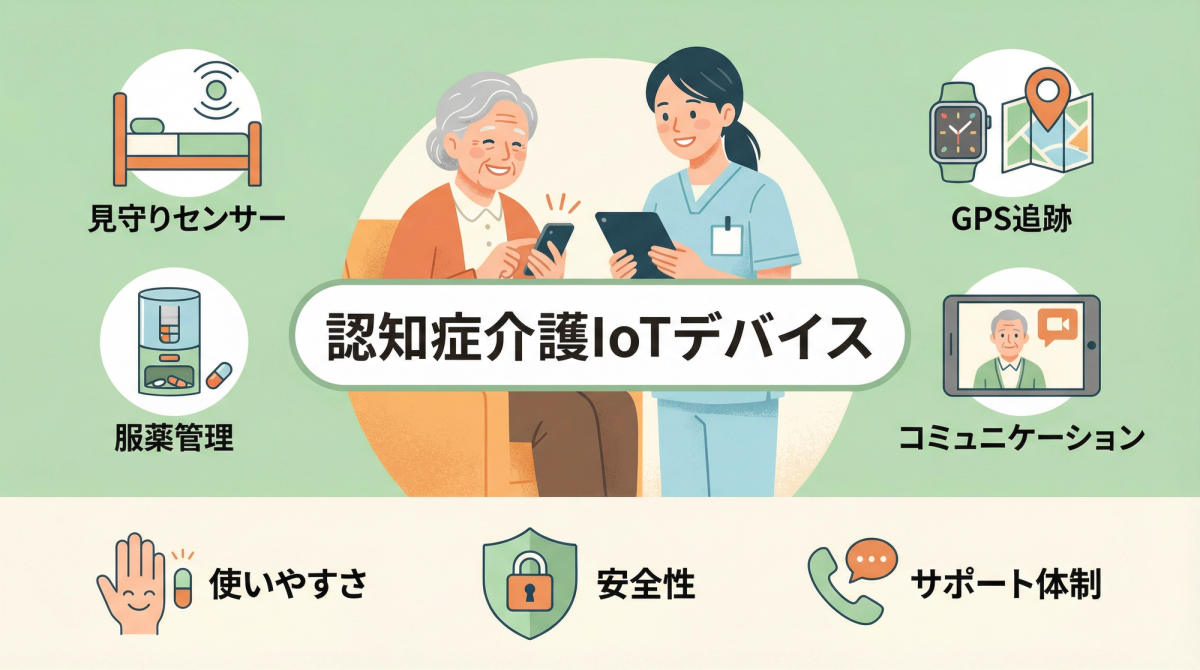 認知症介護 IoT デバイスの主要機能と選び方のポイントを表すイラスト