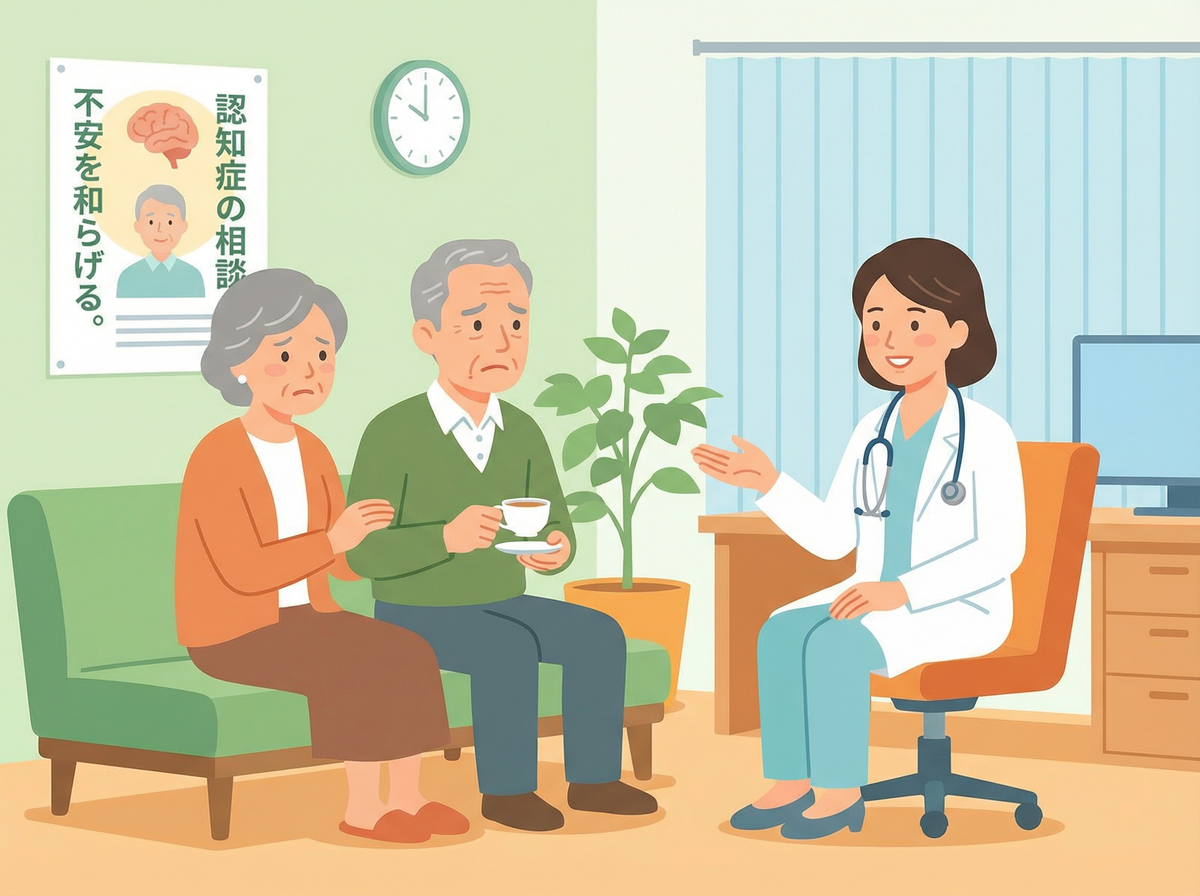 認知症 外来 受診 流れに関する不安を相談する患者と医師