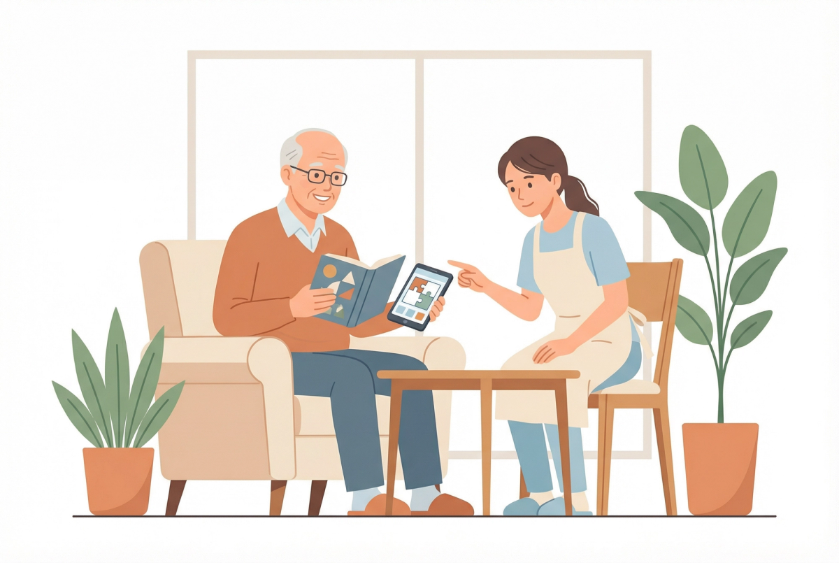 導入事例から見る認知症介護 IoT デバイスの効果と課題を表すイラスト