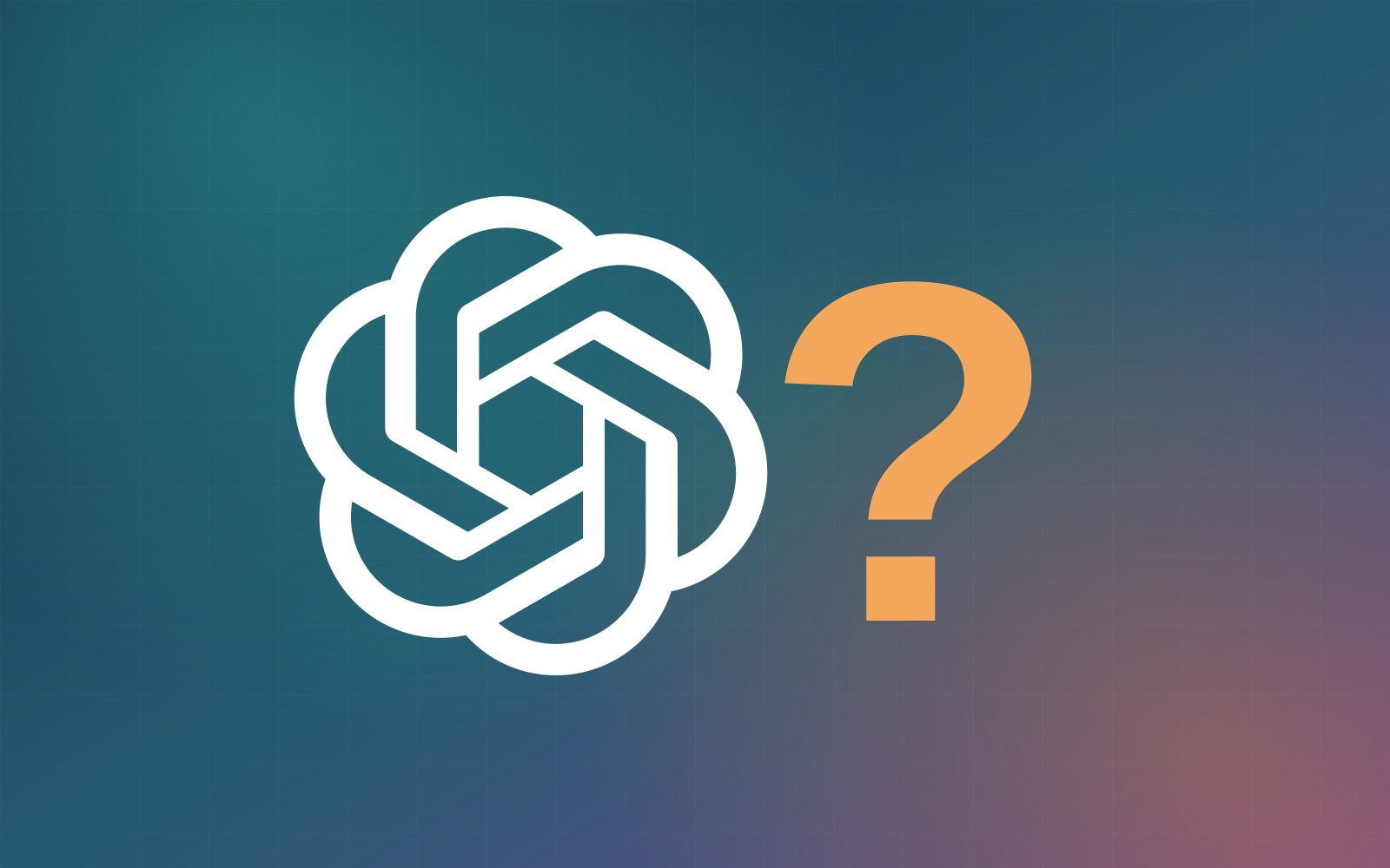 OpenAI logo beside a question mark on a navy, teal and purple gradient background