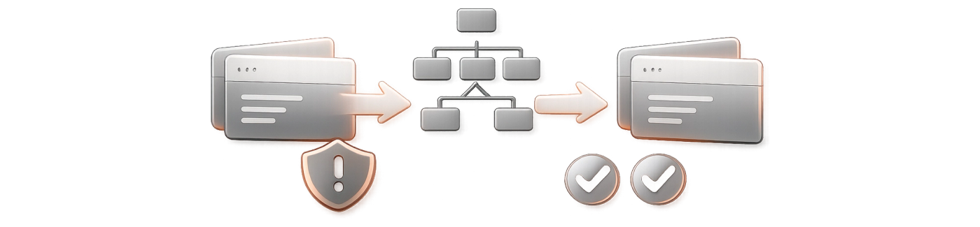 Schéma d’une migration SEO avec anciennes pages, redirections et vérifications post-lancement