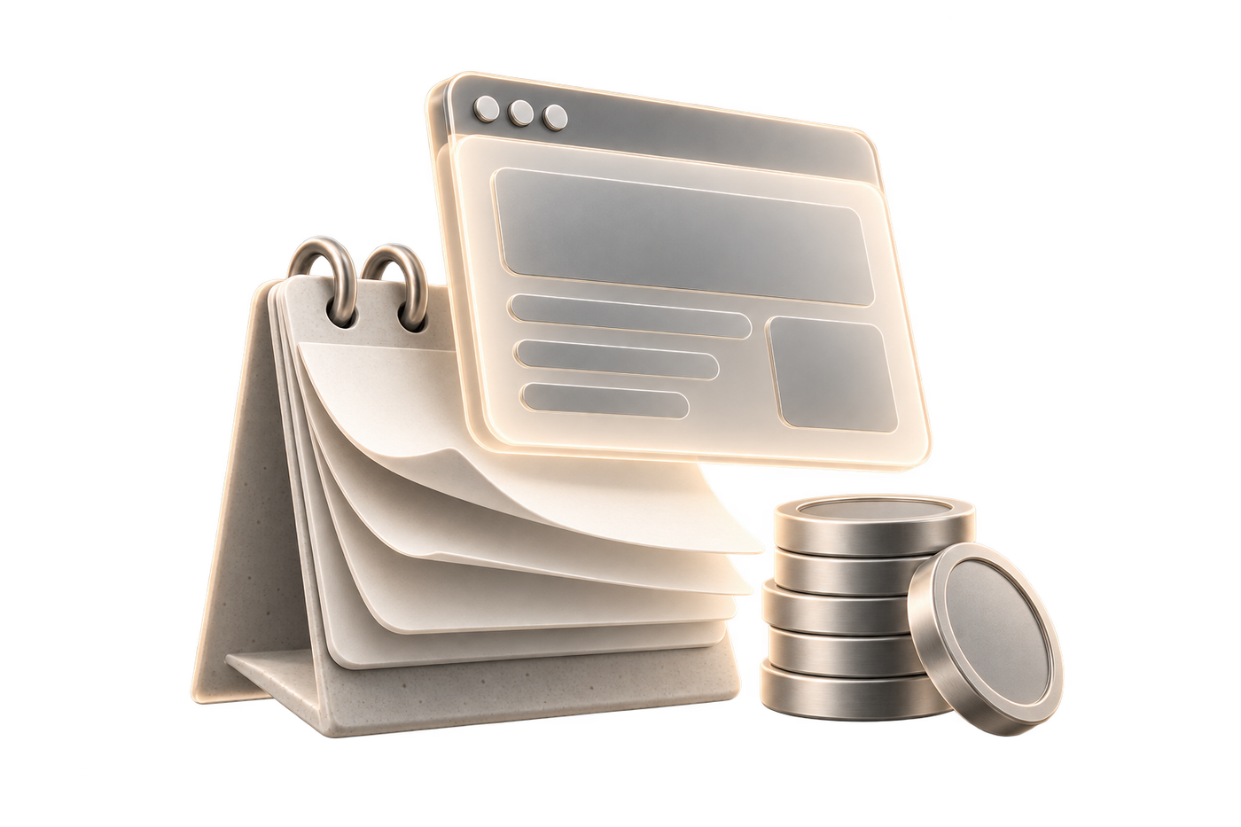 Fenêtre de navigateur posée sur un calendrier aux pages qui tournent, près d’une pile de pièces