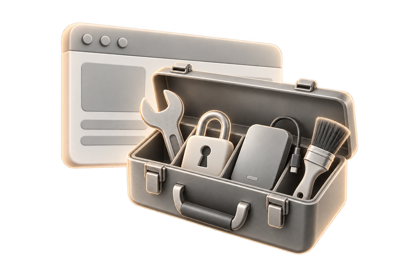 Browser window in front of a toolbox: wrench, padlock, backup disk and paintbrush