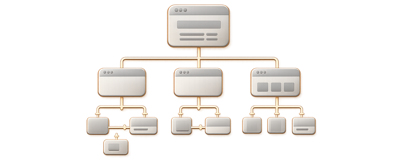 Schéma éditorial d’une arborescence de site web avec pages principales et sous-pages