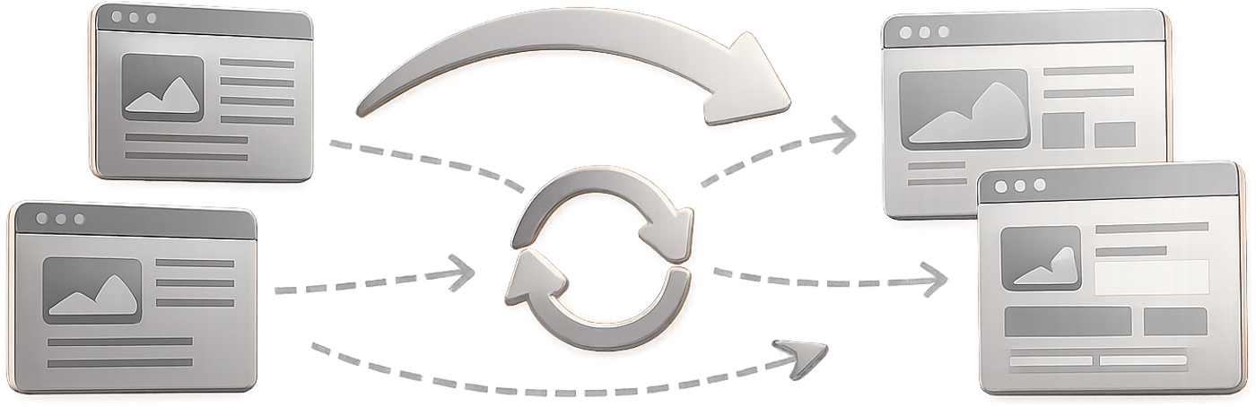 Diagram showing the impact of a redesign on URLs, redirects, and internal linking