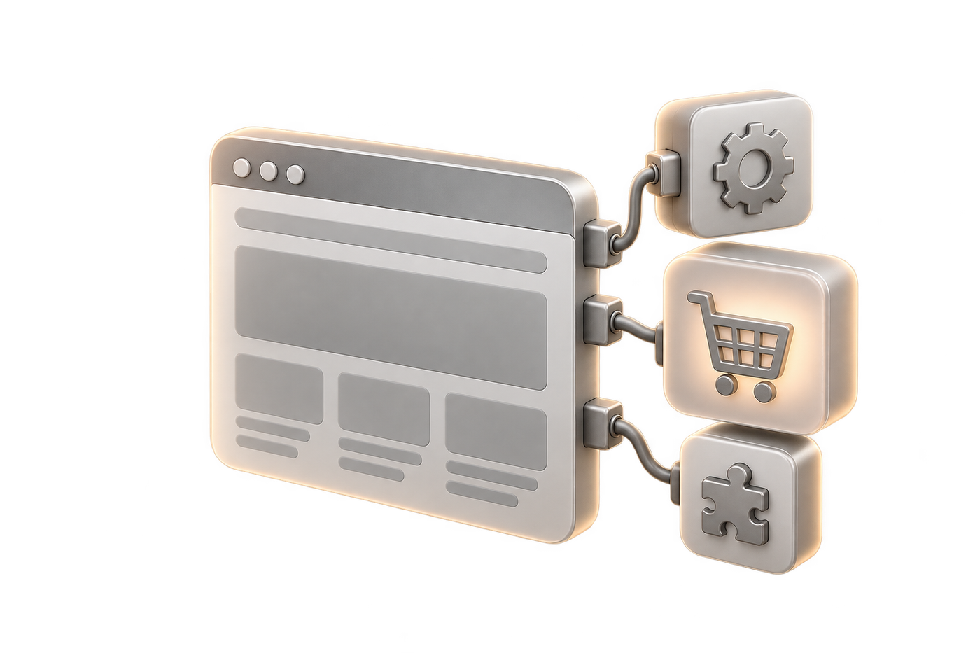 Browser window connected to modules by cables, including a shopping cart