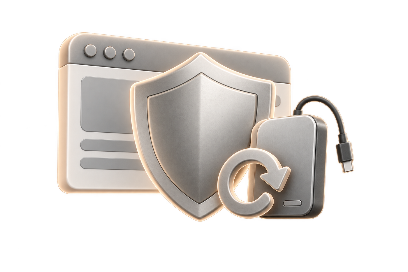 Browser window protected by a shield, with a backup disk and a circular arrow