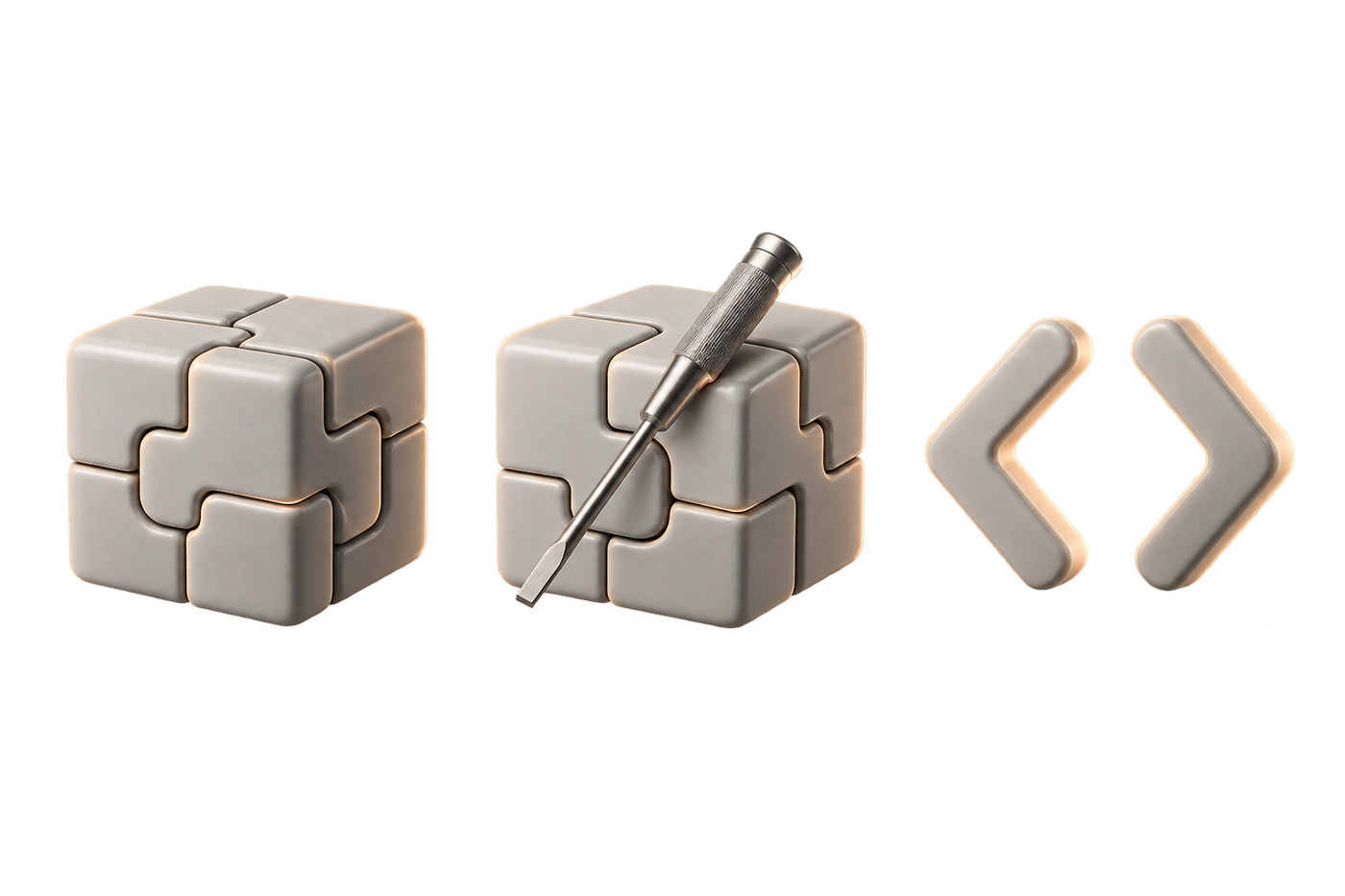 Three levels of assembly: blocks, blocks with a screwdriver, code chevrons