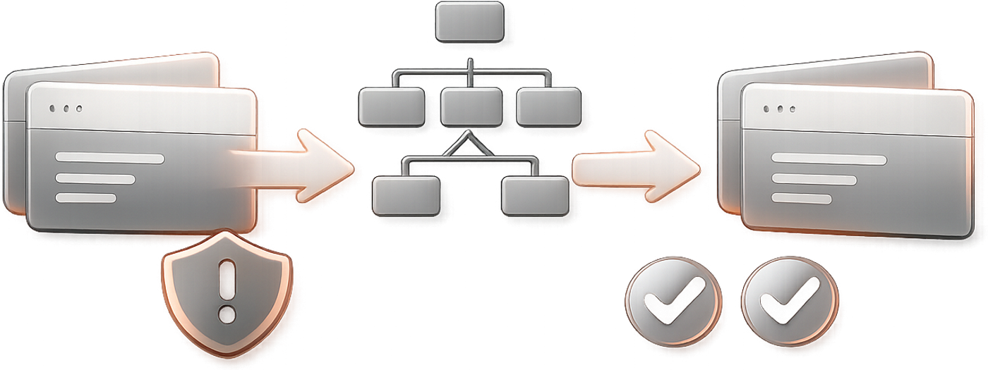 Diagram of an SEO migration with old pages, redirects, and post-launch checks