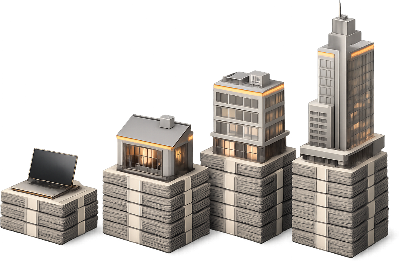 Four Webflow providers on stacks of money of different heights, showing variable budgets.